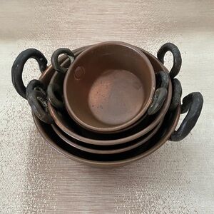 Vintage Copper Set with Bronze Handles Five Pieces